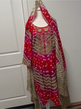 Bold Pink Bandhani Punjabi Salwar Kameez Set with Gold Dupatta